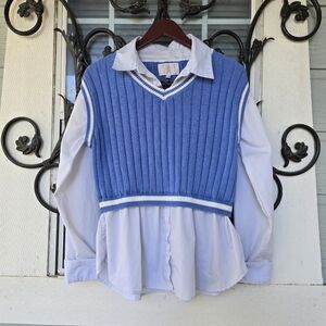 Audrey Parks x Francesca's Blue Ribbed Cropped Sweater Vest 2-in-1 Top L